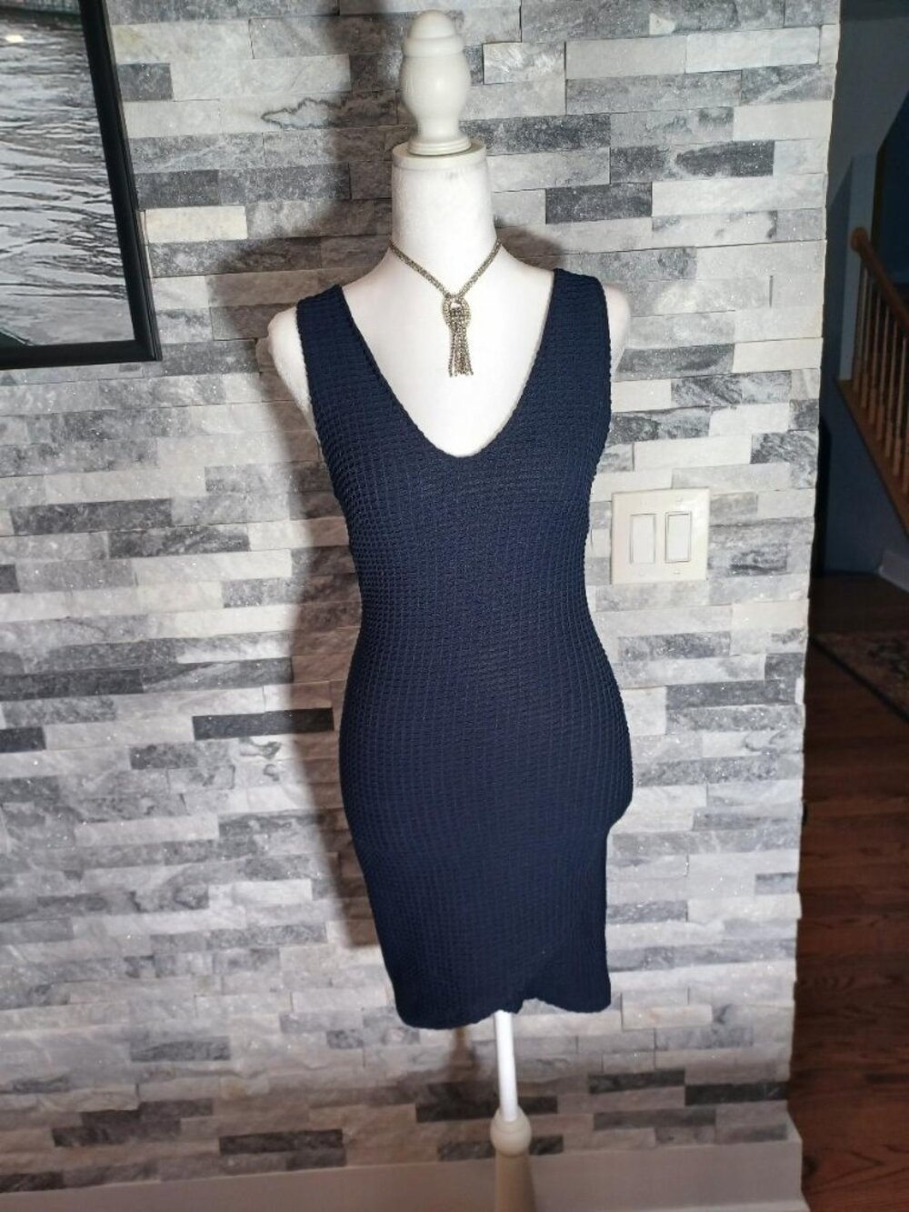 ASTR Pique Knit Body Shapely Contouring Angled Front Navy Blue Dress sz XS